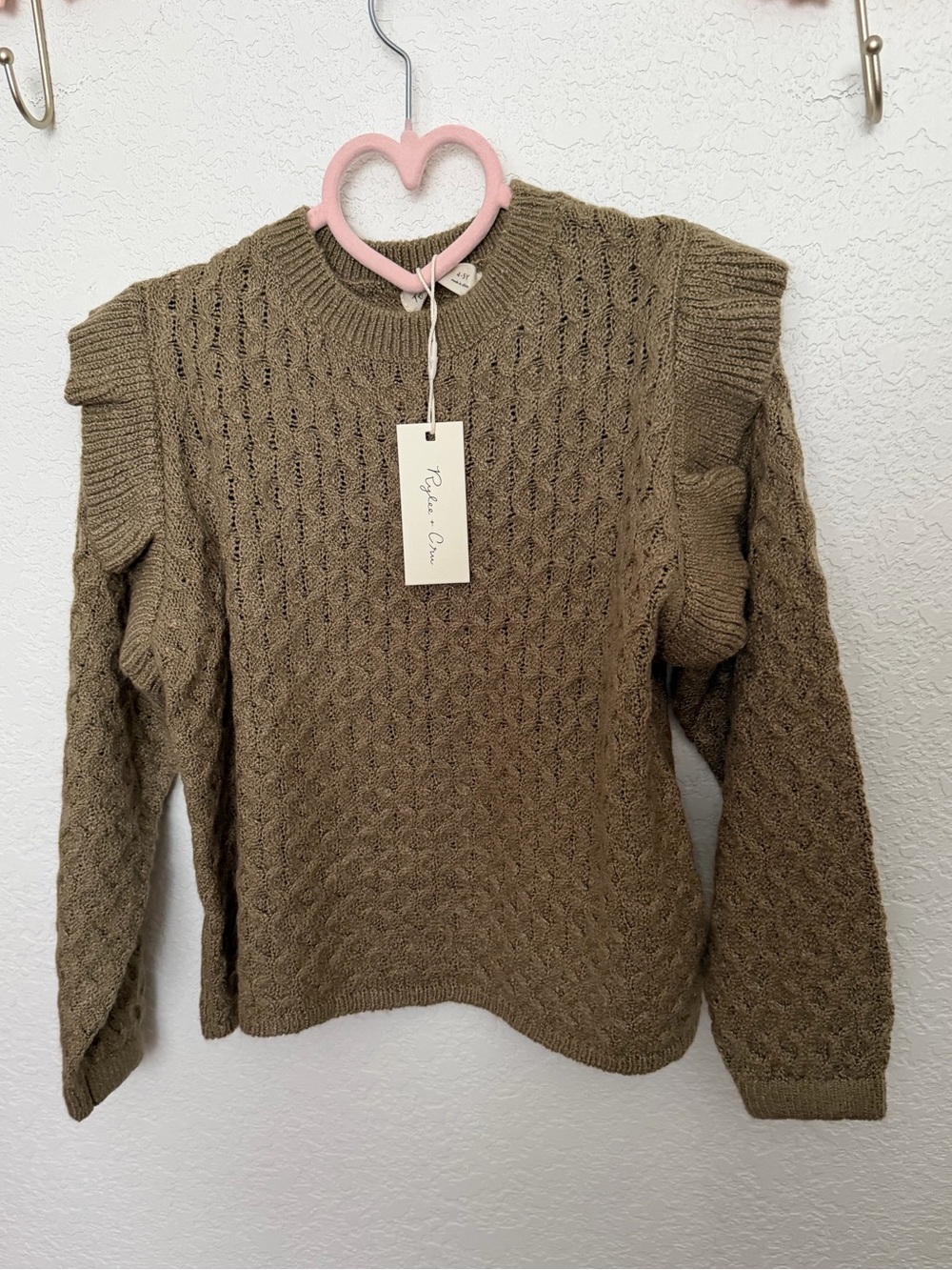 Rylee + Cru Taupe Cable Knit Ruffle Shoulder Sweater